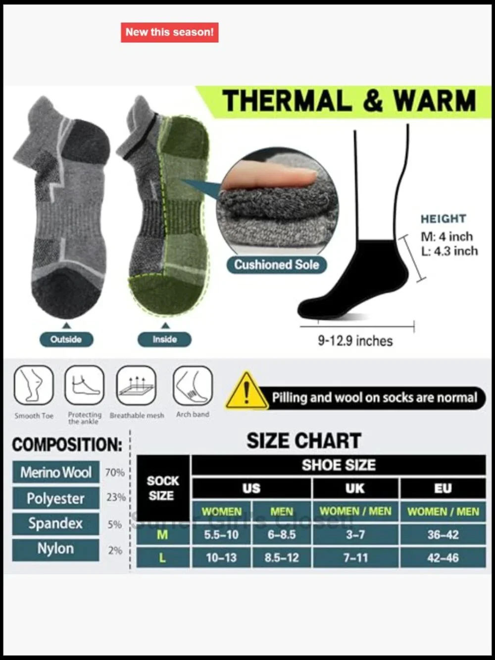 6 Pairs Merino Wool Ankle Hiking Running Socks Compression Support Athletic Low